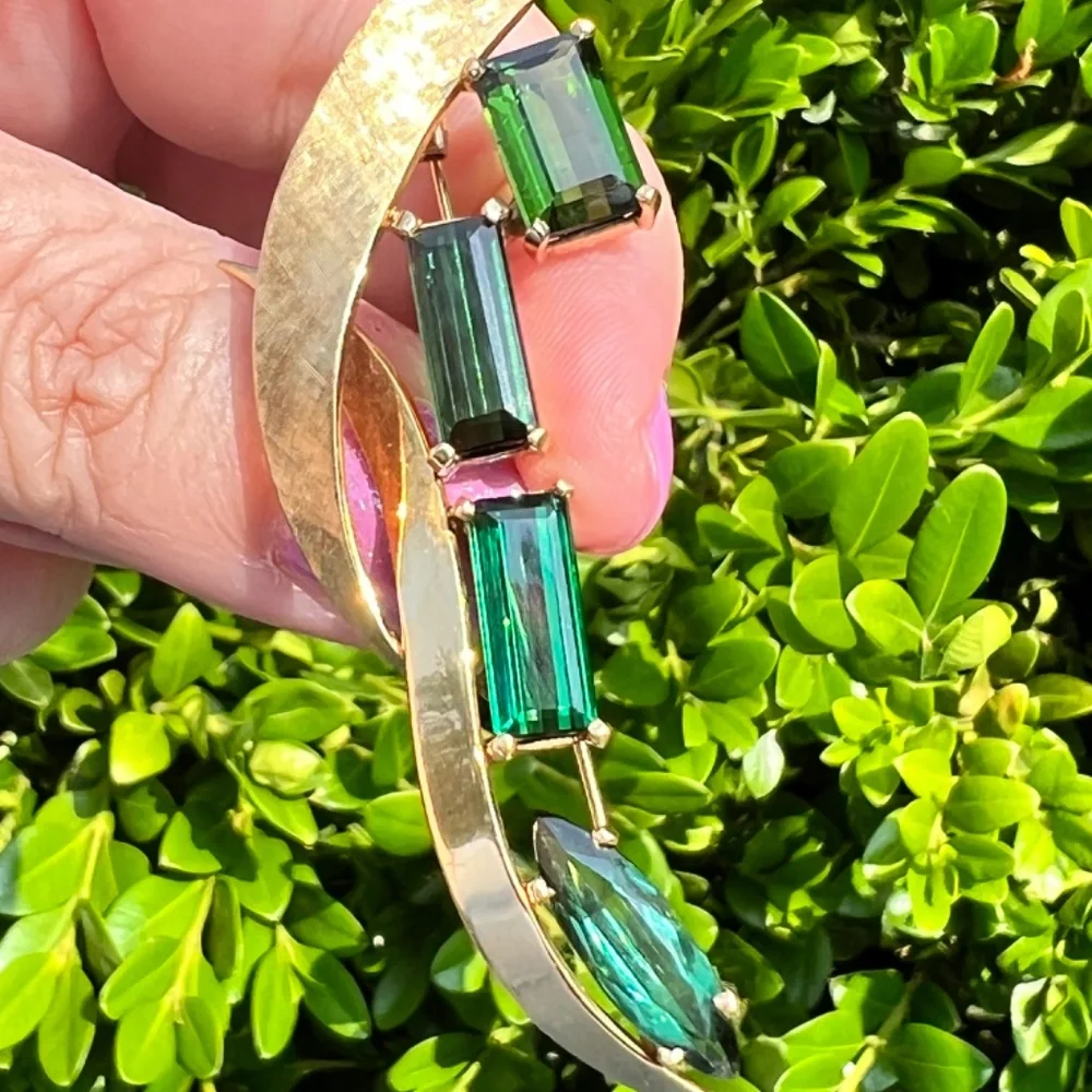VINTAGE 18K GOLD CUSTOM LARGE GREEN TOURMALINE PIN BROOCH STATEMENT FLORENTINE